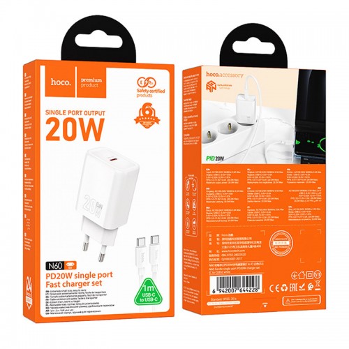 МЗП Hoco N60 Gentle PD20W (1USB-C) + кабель Type-C to Type-C