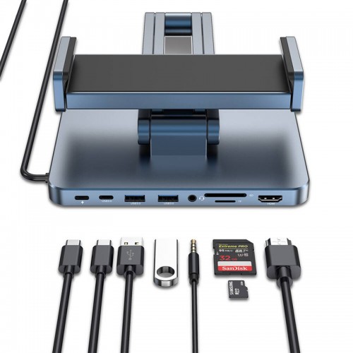 Подставка для планшетов+HUB WIWU AH801 Adjustable 8in1 (USB-C to HDMI+2xUSB-A+2xUSB-C+SD/TF+3.5mm)