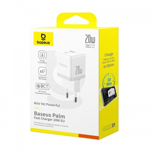 СЗУ Baseus Palm Fast Charger 20W (1USB-A/1C) + кабель Type-C to Type-C (P10111608)