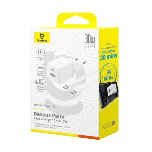 СЗУ Baseus Palm Fast Charger 30W (1USB-A/1C) + кабель Type-C to Type-C (P1011160A)
