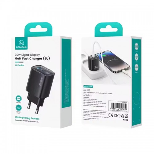 СЗУ Usams US-CC229 GaN Digital Display XC Ser. 30W (1USB-A/1C)