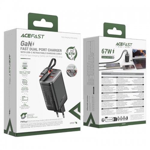СЗУ Acefast A111 GaN With Retractable Cable Type-C PD67W (1USB-A/1C)
