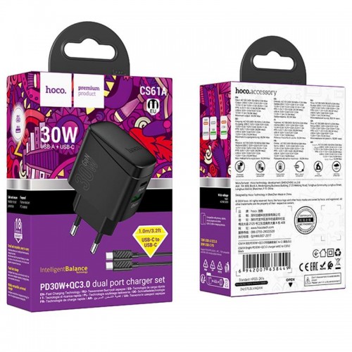 МЗП Hoco CS61A Bright PD30W+QC3.0 (1USB-A/1C) + кабель Type-C to Type-C