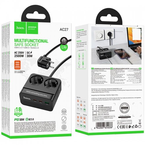 Удлинитель Hoco AC27 Descanso (PD30W/2C/1A/2xSocket) (2m)