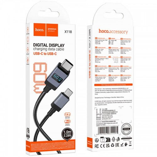 Дата кабель Hoco X118 Generous with display Type-C to Type-C 60W (1m)