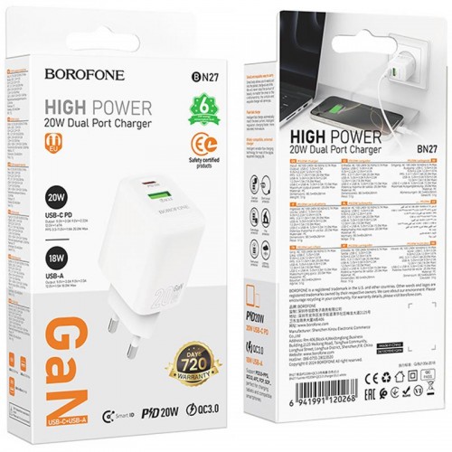 СЗУ Borofone BN27 Fuente PD20W+QC3.0 (1USB-A/1C)