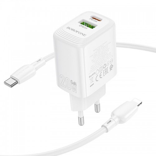 МЗП Borofone BN27 Fuente PD20W+QC3.0 (1USB-A/1C) + кабель Type-C to Lightning