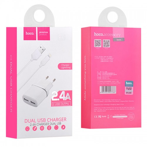 СЗУ Hoco C12 Charger + Cable Lightning 2.4A 2USB White