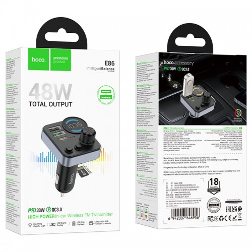 АЗУ FM модулятор Hoco E86 Alegria PD30W+QC3.0 48W (2USB-A/1C) Black