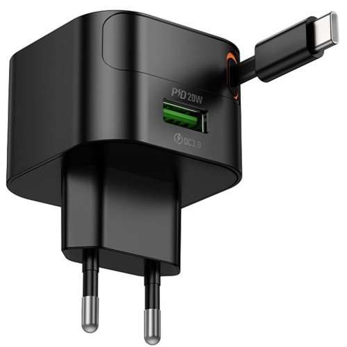 МЗП Hoco C154A Changer With Retractable Cable Type-C PD20W+QC3.0 (1USB-C) Black