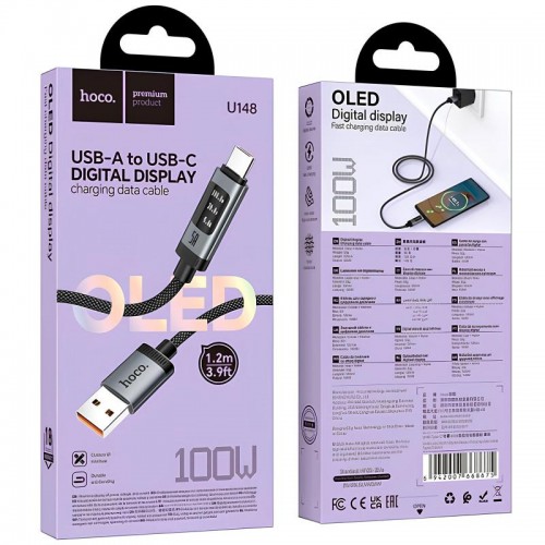 Дата кабель Hoco U148 Lord with display USB to Type-C 100W (1.2m) Black