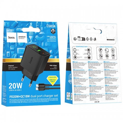СЗУ Hoco CS83A Excellent with digital display PD20W+QC3.0 (1USB-A/1C) + кабель Type-C to Type-C Black