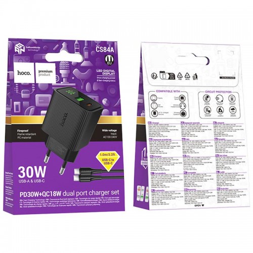 МЗП Hoco CS84A Excellent with digital display PD30W+QC3.0 (1USB-A/1C) + кабель Type-C to Type-C Black