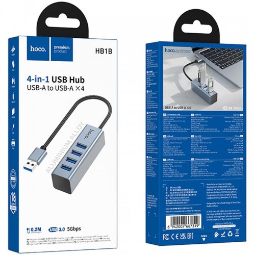 Переходник HUB Hoco HB1B 4in1 (USB to 4xUSB 3.0) (1m) Metal gray