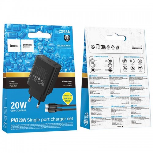 МЗП Hoco CS93A Leader PD20W (1USB-C) + кабель Type-C to Type-C Black
