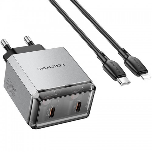 МЗП Borofone BN21 Lena PD40W+QC3.0 (2USB-C) + кабель Type-C to Lightning Metal gray