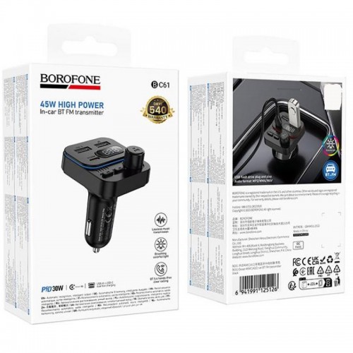 АЗУ FM модулятор Borofone BC61 Ocean PD30W+QC3.0 total 45W (2USB-A/1C) Black