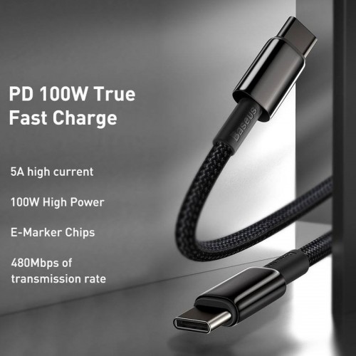 Дата кабель Baseus Tungsten Gold Type-C to Type-C Cable 100W (1m) (CATWJ-01) Чорний