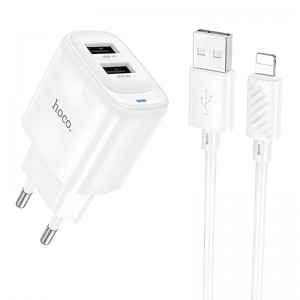 СЗУ Hoco C141A Smart 2.1A (2USB-A) + кабель USB to Lightning White