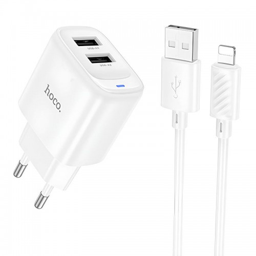 СЗУ Hoco C141A Smart 2.1A (2USB-A) + кабель USB to Lightning White
