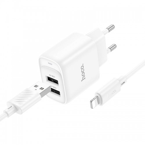 СЗУ Hoco C141A Smart 2.1A (2USB-A) + кабель USB to Lightning White