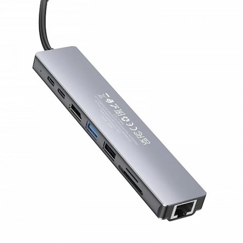 Перехідник HUB Hoco DUP09 (Type-C to HDMI+USB 3.0+USB 2.0+2xType-C+SD/TF) Silver
