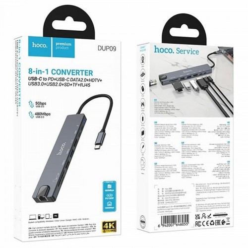 Перехідник HUB Hoco DUP09 (Type-C to HDMI+USB 3.0+USB 2.0+2xType-C+SD/TF) Silver