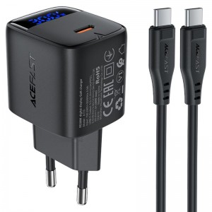 СЗУ Acefast A115 PD30W GaN (1USB-C) + кабель Type-C to Type-C Black