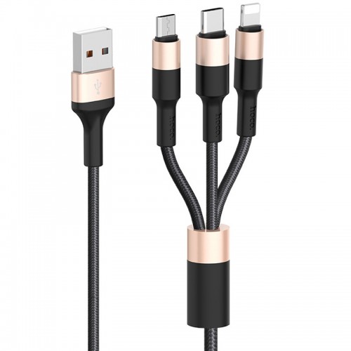 Дата кабель Hoco X26 Xpress 3in1 Lightning -MicroUSB-Type-C (1m) Чорний / Золотий