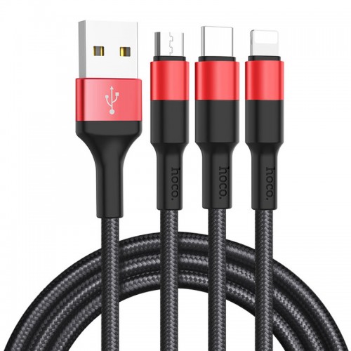 Дата кабель Hoco X26 Xpress 3in1 Lightning -MicroUSB-Type-C (1m) Чорний / Червоний