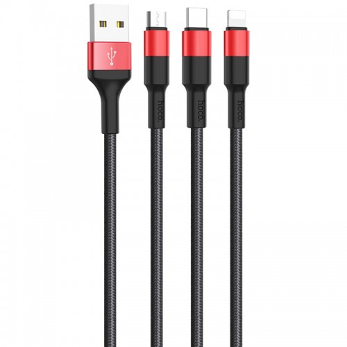 Дата кабель Hoco X26 Xpress 3in1 Lightning -MicroUSB-Type-C (1m) Чорний / Червоний