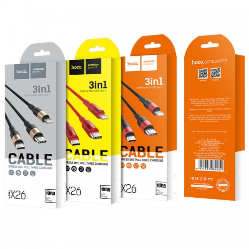 Дата кабель Hoco X26 Xpress 3in1 Lightning -MicroUSB-Type-C (1m) Чорний / Червоний