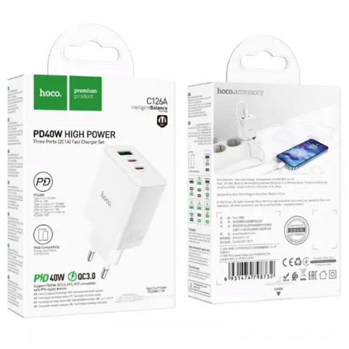 МЗП Hoco C126A PD40W+QC3.0 (1USB/2Type-C) White