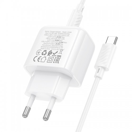 СЗУ Hoco CS54A Surplus PD20W+QC3.0 (1USB-A/1C) + кабель Type-C to Type-C White