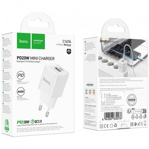 МЗП Hoco C147A PD20W+QC3.0 (1USB-A/1C) White
