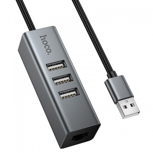 Переходник HUB Hoco HB1D USB to USB2.0*3+RJ45 Metal gray