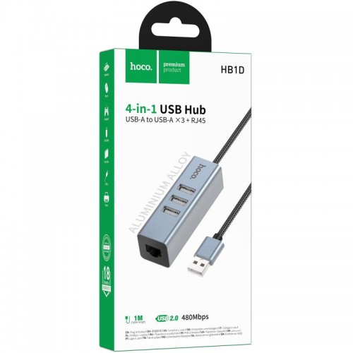 Переходник HUB Hoco HB1D USB to USB2.0*3+RJ45 Metal gray