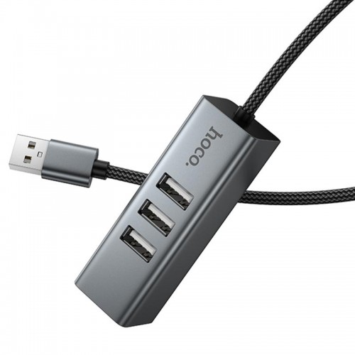 Переходник HUB Hoco HB1D USB to USB2.0*3+RJ45 Metal gray