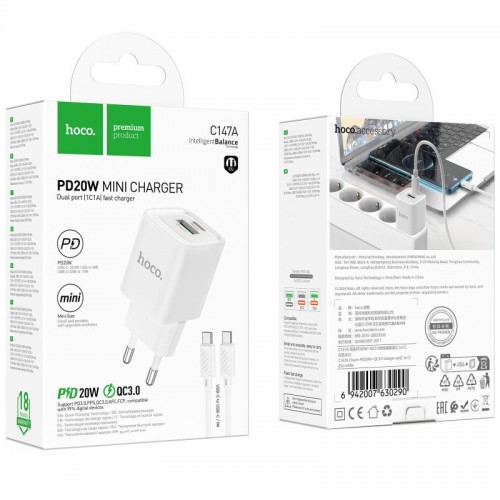 МЗП Hoco C147A PD20W+QC3.0 (1USB-A/1C) + кабель Type-C to Type-C White