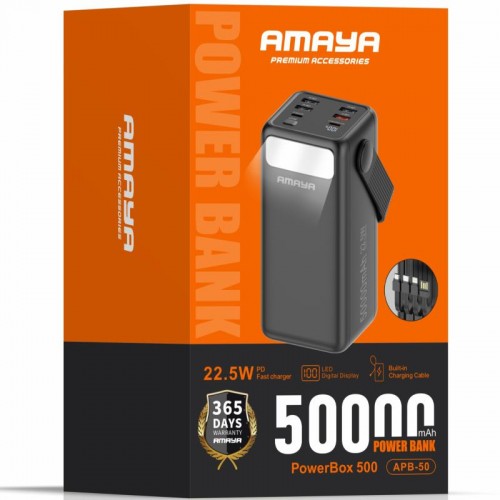 Портативное ЗУ Power Bank Amaya APB-50 22.5W flashlight with cable 50000 mAh Black
