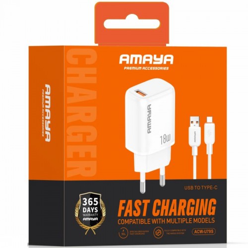 МЗП Amaya U79S QC3.0 18W (1USB-A) + кабель USB to Type-C White