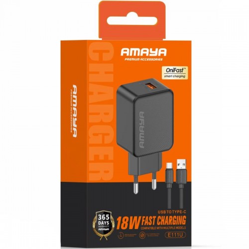 МЗП Amaya E111U QC3.0 18W (1USB-A) + кабель USB — Type-C, чёрный