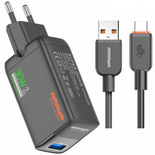 МЗП Amaya E82D QC3.0 30W (1USB-A) + кабель USB — Type-C, чёрный