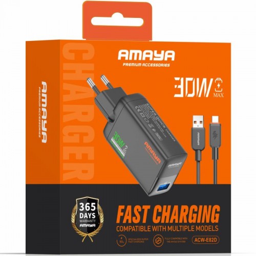 МЗП Amaya E82D QC3.0 30W (1USB-A) + кабель USB — Type-C, чёрный