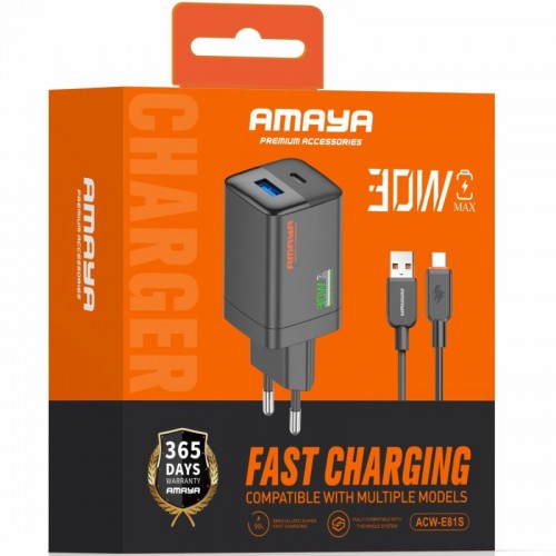 МЗП Amaya E81S PD30W+QC3.0 (1USB-A/1C) + кабель USB to Type-C Black