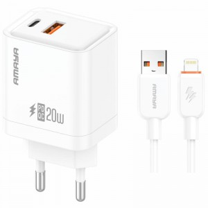 МЗП Amaya E77D PD20W+QC3.0 (1USB-A/1C) + кабель USB – Lightning, белый