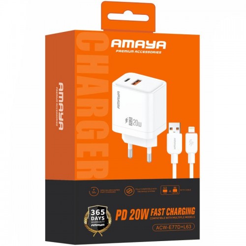 МЗП Amaya E77D PD20W+QC3.0 (1USB-A/1C) + кабель USB to Lightning White