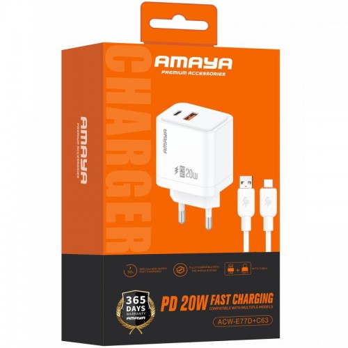 МЗП Amaya E77D PD20W+QC3.0 (1USB-A/1C) + кабель USB — Type-C, белый