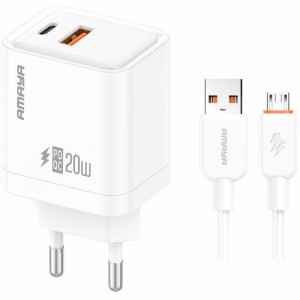 МЗП Amaya E77D PD20W+QC3.0 (1USB-A/1C) + кабель USB — MicroUSB Белый