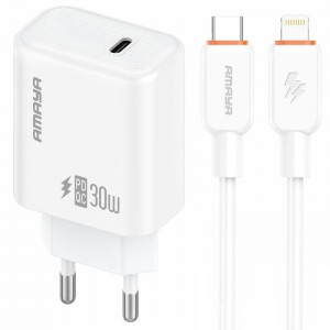 МЗП Amaya E76D PD30W (1USB-C) + кабель Type-C — Type-C, белый